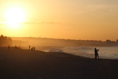 silhouette of people walking on seashore